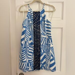 Lilly Pulitzer Blue and White Tropical Shift Dress with Navy Lace Trim